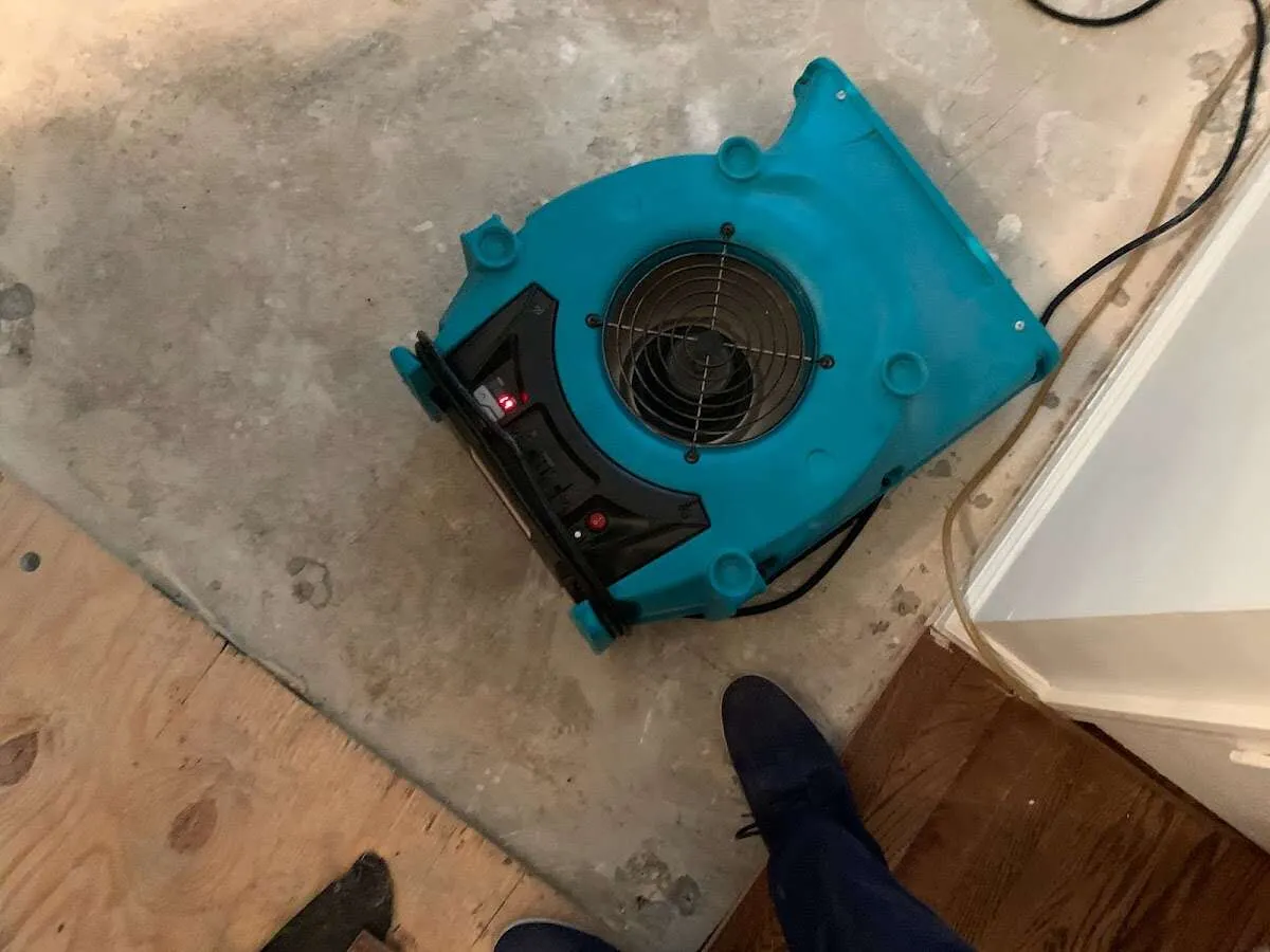 Air mover drying subfloor during Leak Detection & Repair in Northfield